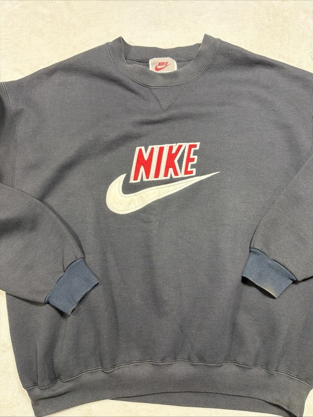 Vtg 90s Nike White Tag Made in USA Crewneck Sweatshirt Black Swoosh VStitch XXL